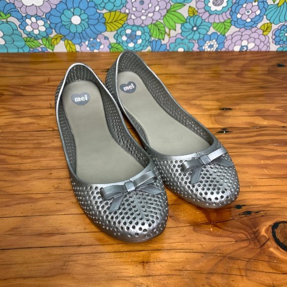 Mel Dreamed By Melissa Silver Perforated Jelly Bow Ballet Flats Size:8 - Picture 1 of 10
